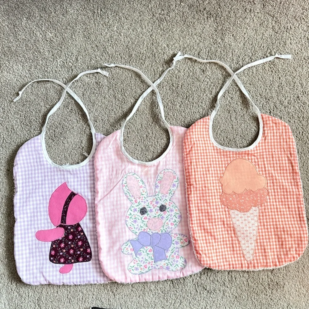 🍓Handmade Gingham Floral Girl Ice Cream Bunny Terry Cloth Tie Back Bibs (3 Pack)
